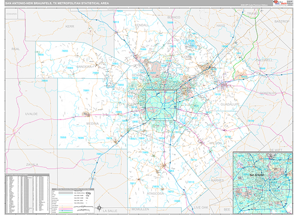 San Antonio-New Braunfels, TX Metro Area Wall Map